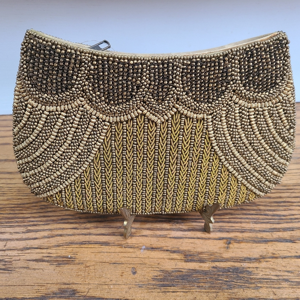 Small gold beaded wallet sized clutch
